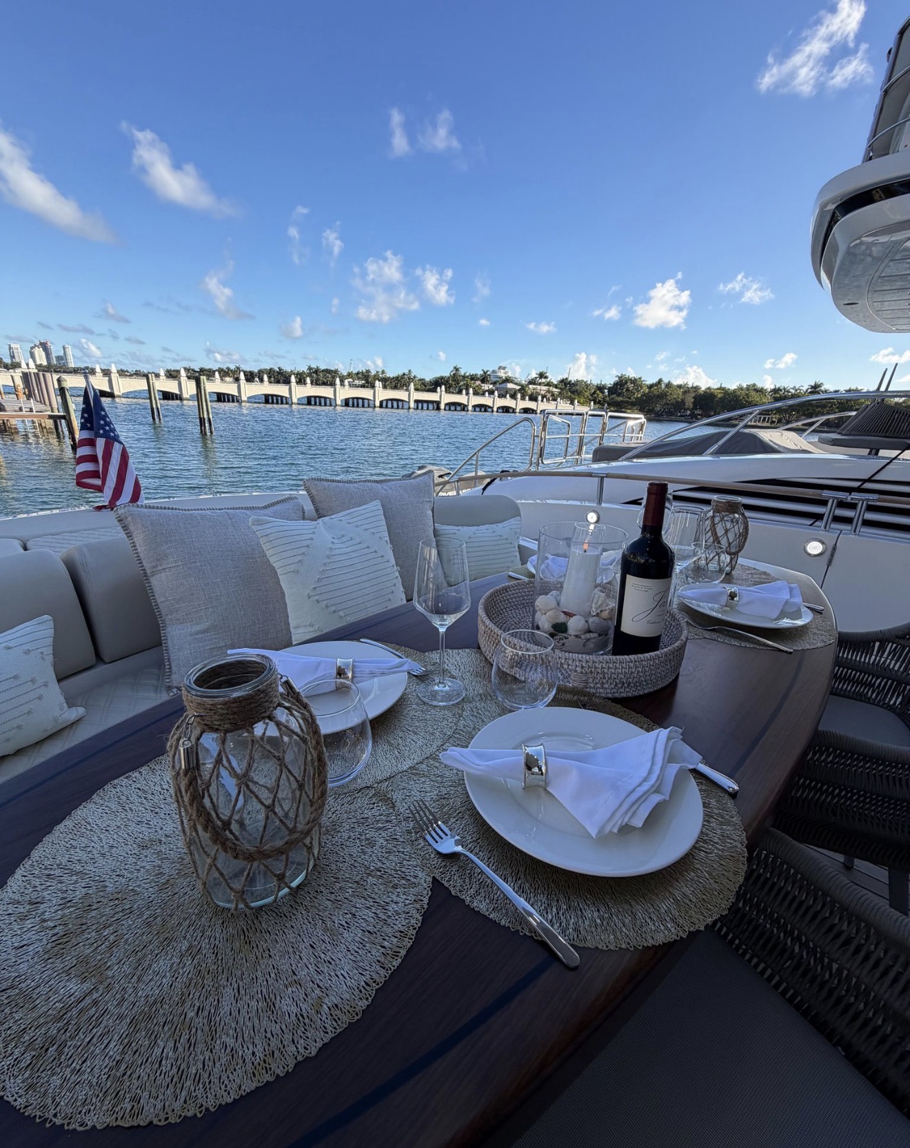 Alfresco dining on yacht deck Miami full day charter